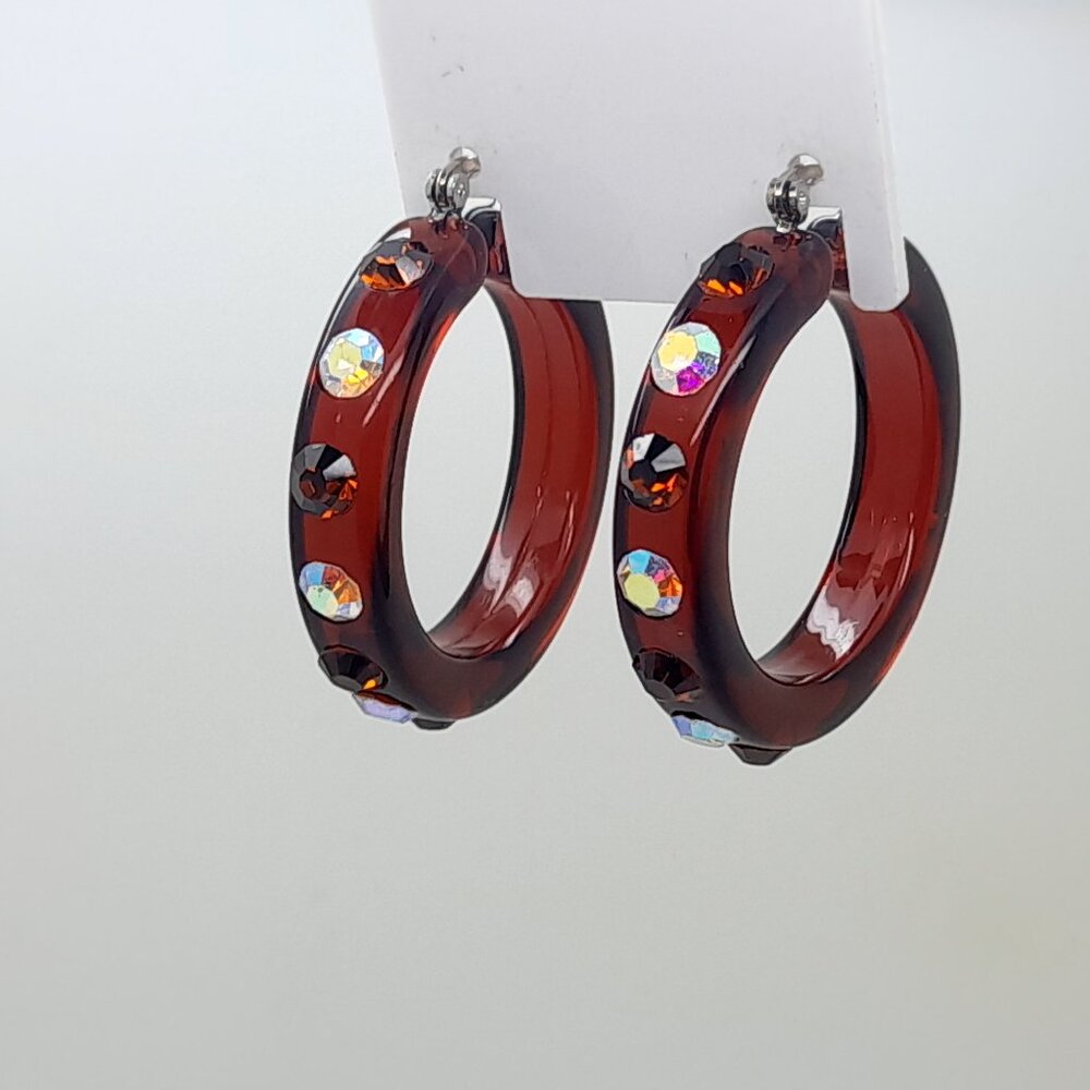 brown lucite Acrylic wide 1.5 Hoop smoked topaz & ab Latch back Fashion Earrings